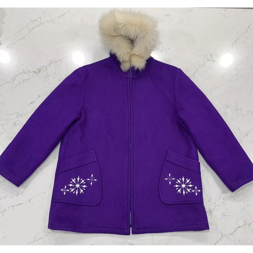 Kelsey Trail Womens Sz 20 Purple Vtg Canadian Embroidered Virgin Wool Coat lined